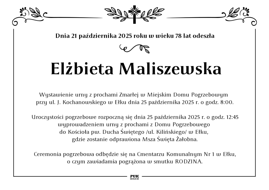 Elżbieta Maliszewska - nekrolog